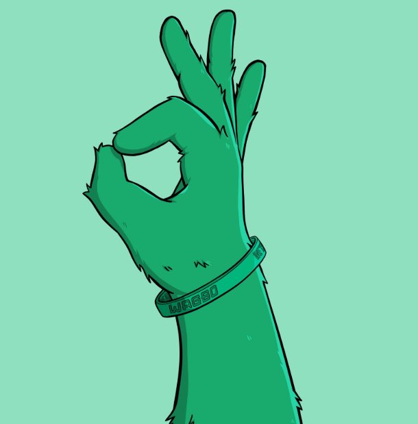 An illustration of a green furry hand making an 'OK' gesture, wearing a wristband labeled 'WAGMI'.