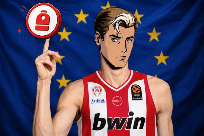 Anime-style illustration of a basketball player with blonde-streaked hair wearing an Olympiacos BC jersey featuring 'bwin' and Turkish Airlines EuroLeague logos, pointing up at a red shopping bag icon against an EU flag background.