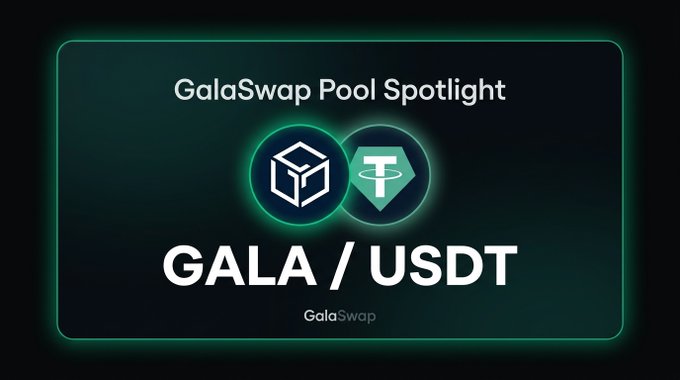 The image is a promotional graphic titled "GalaSwap Pool Spotlight" featuring the GALA/USDT trading pair with their respective token logos displayed prominently in the center against a dark teal background with a glowing border, highlighting the key pool statistics mentioned in the accompanying post.