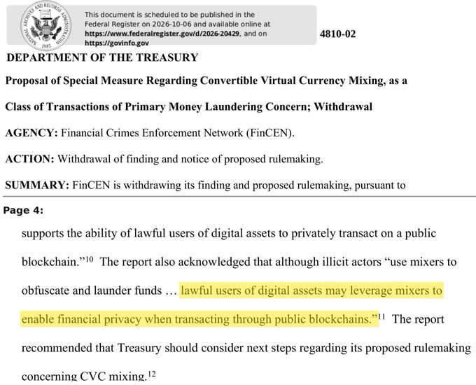 A document from the Department of the Treasury regarding 'Proposal of Special Measure Regarding Convertible Virtual Currency Mixing,' highlighting text about lawful users of digital assets using mixers for financial privacy.