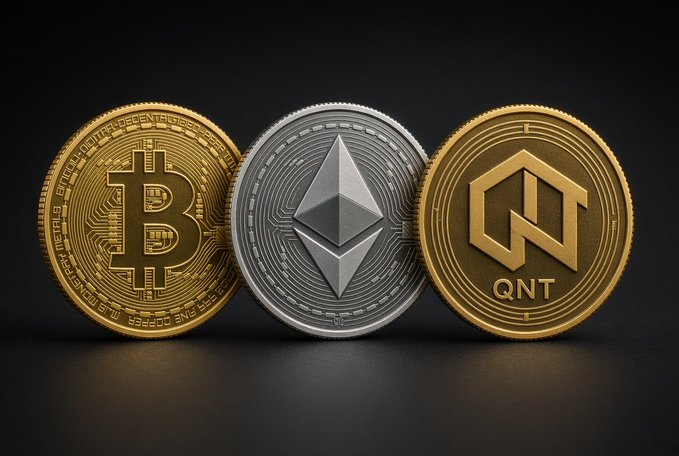 A 3D render of three physical cryptocurrency coins against a dark background: a gold Bitcoin, a silver Ethereum, and a gold QNT (Quant) coin.