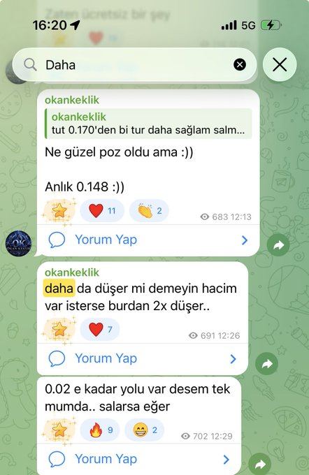 A screenshot of a Turkish social media chat showing messages from user "okankeklik" including phrases like "Ne güzel poz oldu ama :))", "Anlık 0.148 :))", "daha da düşer mi demeyin hacim var isterse burdan 2x düşer..", and "0.02 e kadar yolu var desem tek mumda.. salarsa eğer," with engagement metrics showing likes, fires, and views in the hundreds. The posts support the claim about $tut cryptocurrency with predictions of significant price drops, aligning with the caption's reference to Okan Keklik's market commentary.