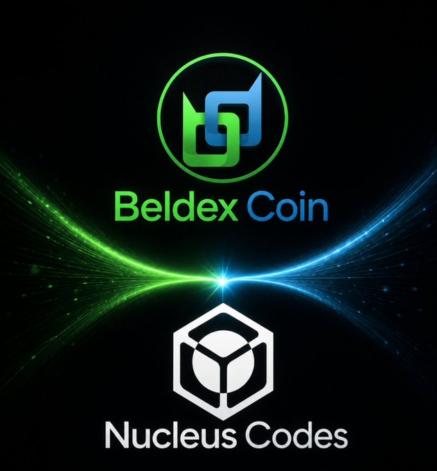 Logo image showing "Beldex Coin" at the top with a green and blue circular logo, and "Nucleus Codes" at the bottom with a white hexagonal logo, separated by glowing green and blue light waves.