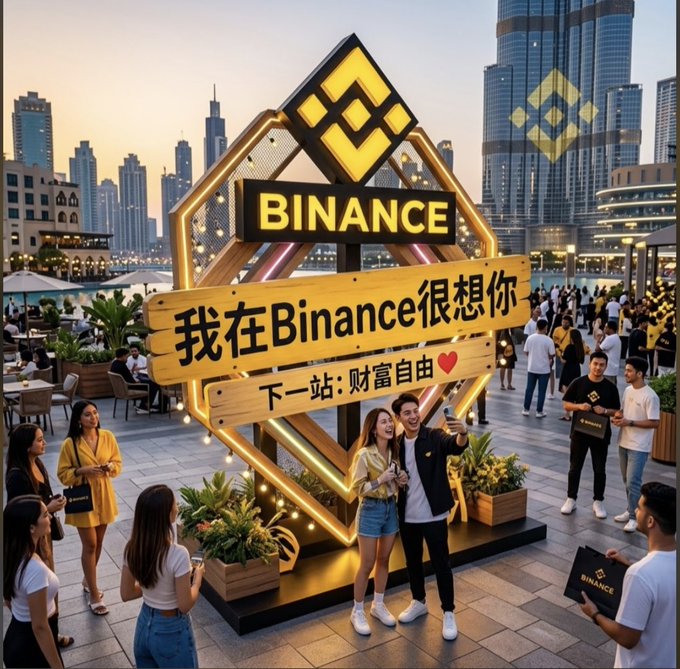 A crowd gathers at a brightly lit Binance-themed influencer check-in installation in a modern cityscape, featuring a large diamond-shaped sign with "BINANCE," Chinese text reading "我在Binance很想你" ("I miss you at Binance"), and "下一站:财富自由❤️" ("Next stop: Financial freedom ❤️"), where fans pose for photos with branded merchandise—aligning with the post's call to set up such Binance check-in spots worldwide for users to visit and share.