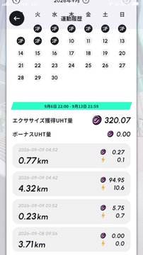 A fitness app screenshot in Japanese showing a calendar view and exercise history for UHT training, displaying distances ranging from 0.23km to 4.32km.