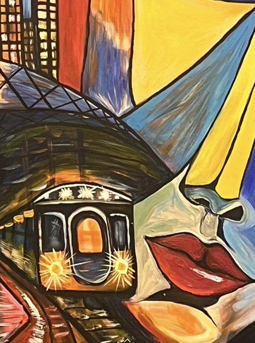 An abstract, colorful painting depicts a stylized subway train, a face, and bright red lips in an expressionist style.