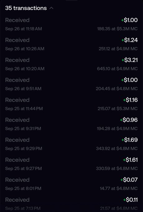 A mobile screenshot displays 35 received transactions of "KITTY" tokens, showing earnings ranging from $0.07 to $3.21 per transaction, all received on September 25-26. The post celebrates these token "stimmys" totaling 2,407 tokens, praising the technology that delivers frequent micro-payments.