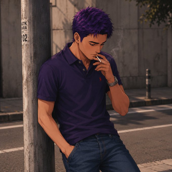 An anime-style illustration features a young man with purple hair and a purple polo shirt leaning against a lamppost while smoking a cigarette.