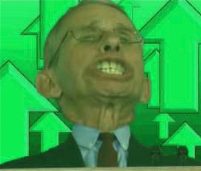 A green-tinted, distorted meme image of a man in glasses and a tie with a wide, unnatural grin, set against a background of upward-pointing arrows.