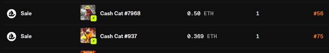 Screenshot of an NFT marketplace showing sales listings: 'Cash Cat #7968' for 0.50 ETH (rank #56) and 'Cash Cat #937' for 0.369 ETH (rank #75).
