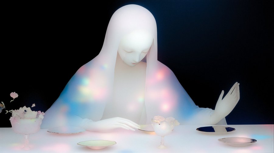 A surreal image of a white ethereal figure draped in translucent fabric glowing with rainbow light, sitting at a table with delicate dishes and flowers.