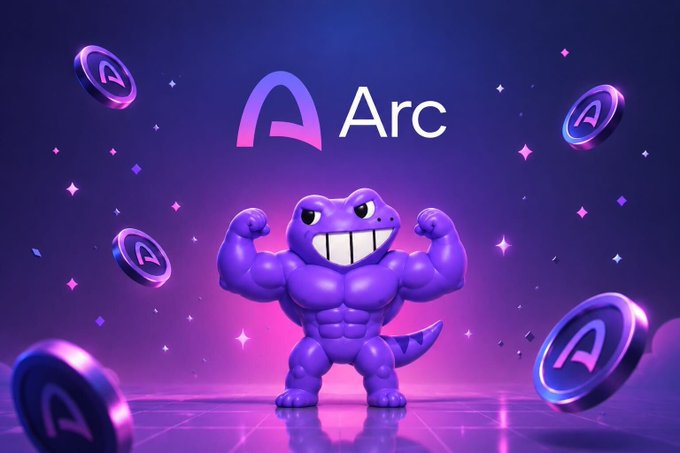 A muscular purple cartoon dinosaur flexes its biceps beneath the "Arc" logo and ticker "A," surrounded by floating branded coins on a neon cosmic backdrop—visually representing the strength and hype behind the newly released Arc Chain memecoin tutorial.