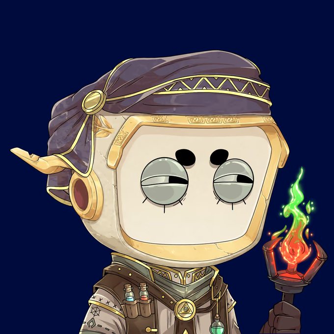 An anime-style illustration of a robot-like character with a square TV-shaped head, half-closed eyes, and a turban, holding a torch with green flames.