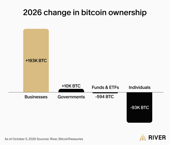 A bar chart titled '2026 change in bitcoin ownership' showing Businesses gained +193K BTC, Governments +10K BTC, Funds & ETFs -594 BTC, and Individuals -93K BTC (as of October 5, 2026, by RIVER).