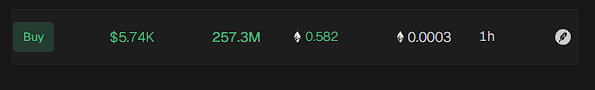 A digital display or dashboard showing cryptocurrency market data including 'Buy', '$57.4K', '257.3M', '0.582', '0.00003', and '1h'.