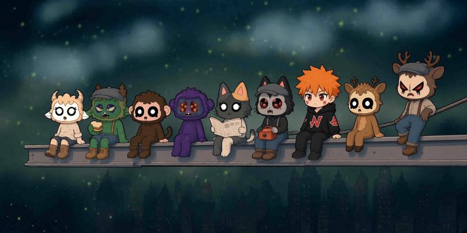 A cartoon illustration of chibi-style characters, including figures resembling Bleach characters like Ichigo and Kon, sitting together on a beam against a night city skyline.