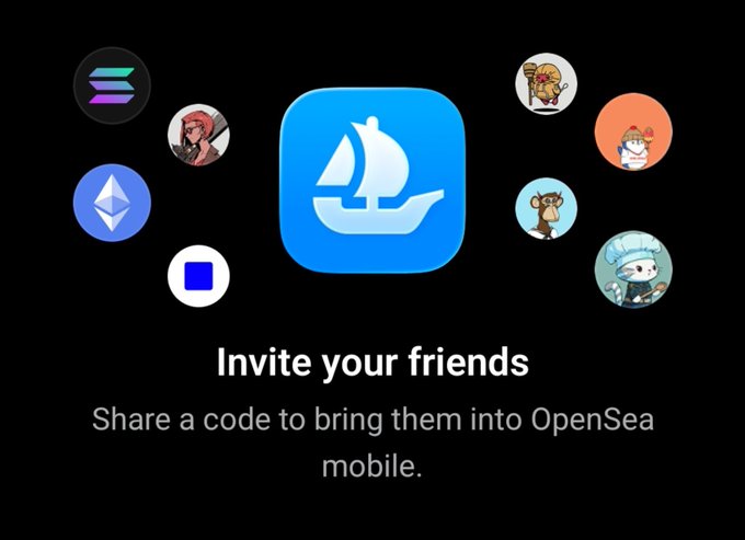 An OpenSea mobile app referral screen with the text 'Invite your friends - Share a code to bring them into OpenSea mobile.', surrounded by NFT character avatars.