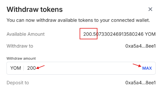 The image depicts a "Withdraw tokens" interface showing an available balance of 200.507330246913580246 YOM tokens that can be withdrawn to the connected wallet address 0xa5a4...Bee1. The interface includes a "Withdraw amount" field where users can enter a specific amount (shown as 200) or click "MAX" to withdraw their full available balance, illustrating the final step in claiming Season 1 YOM token rewards as described in the accompanying post.