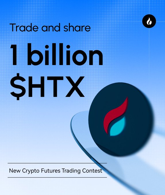 A promotional banner for a crypto futures trading contest, featuring a large "1 billion $HTX" headline and a flame logo on a dark medallion, advertising a prize pool and exclusive rewards for new coin trading.