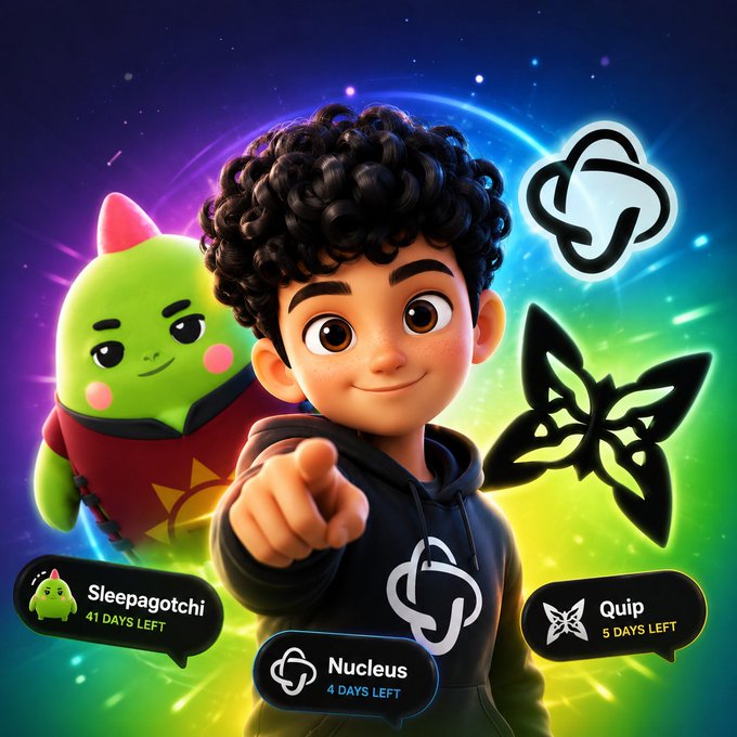 The image features a cartoon boy with curly hair, wearing a black hoodie, pointing at his phone screen while smiling. The background of the image has a colorful design that includes various shapes like circles, triangles, and lines. There are also text elements in the image such as "I'VE BEEN SPENDING A LOT OF TIME IN THE @NUCLEUSCodes ECONOMY Lately", which suggests that the boy is involved in an online gaming community or a social media platform related to Nucleus codes.