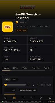 A cryptocurrency trading interface displaying a ZecBit Genesis - Shielded asset with a floor price of 0.041 ZEC, volume of 8,4528 ZEC, and various market stats including on-chain data and listed items.