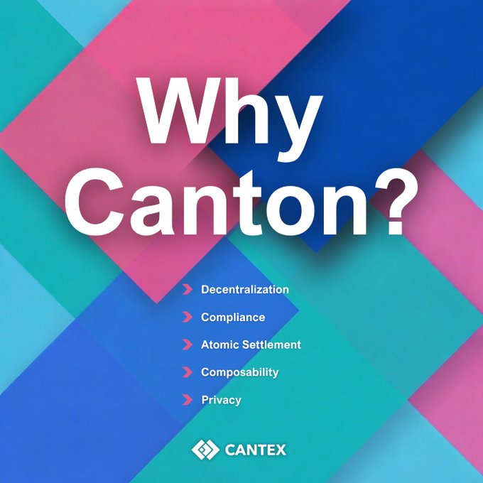 The image features a colorful background with pink, blue, green, and purple squares arranged in a grid pattern. The text "Why Canton?" is written above this arrangement of shapes. Below the grid of shapes, there are four bullet points explaining different aspects of the Canton infrastructure, such as atomic settlement, composability, privacy, and sub-transaction privacy.