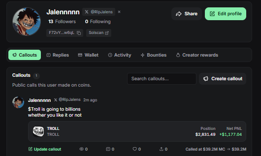 Screenshot of a Pump.fun profile for "Jalennnn" (@ripJalens) with 13 followers and 0 following, showing a single public callout on the $TROLL token made 2 months ago, currently priced at $2,831.49 with a net PnL of +$1,177.04 and a market cap of $39.2M.