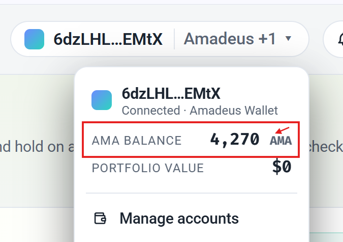 A screenshot of a connected wallet interface showing '6dzLHL...EMtX' connected via Amadeus Wallet, with an AMA balance of 4,270 AMA highlighted in a red box, and a portfolio value of $0.