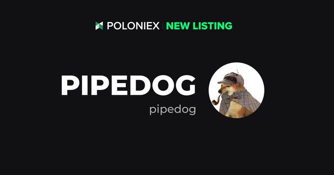 A promotional graphic announcing Poloniex's new listing of "$PIPEDOG" (pipedog), featuring the exchange's logo, the ticker name in bold white text, and an image of a dog dressed as Sherlock Holmes with a pipe and cap. The announcement details that deposits open July 30th at 07:00 UTC, with full trading beginning at 09:00 UTC.