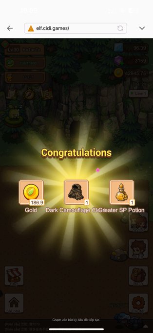 A screenshot of a mobile game showing a 'Congratulations' rewards screen with Gold, Dark Camouflage Cloak, and Greater SP Potion items awarded.