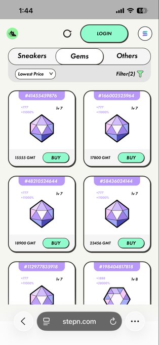 The image shows a phone screen displaying a list of items for sale, including purple gemstones. The screen also has a search bar that allows users to find specific items or browse through different categories. The text "stepn" can be seen on the screen as well.