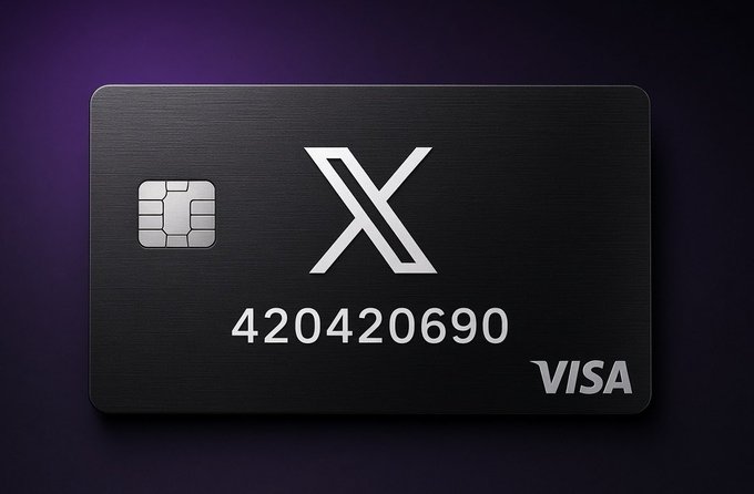 A black metallic Visa credit card featuring a silver chip, the X (formerly Twitter) logo, and the card number 420420690, set against a dark purple background.