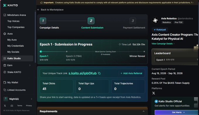 A screenshot of the Kaito Studio dashboard showing the Axis Content Creator Program with campaign details, Epoch 1 in progress, referral link s.kaito.ai/jpbOXub, and current period statistics of 41 clicks, 0 signups, and 0 trajectories.