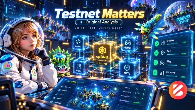 A vibrant graphic titled 'Testnet Matters - Original Analysis' featuring an anime-style astronaut girl, opBNB testnet, dApps, games, NFTs, and wallet icons.