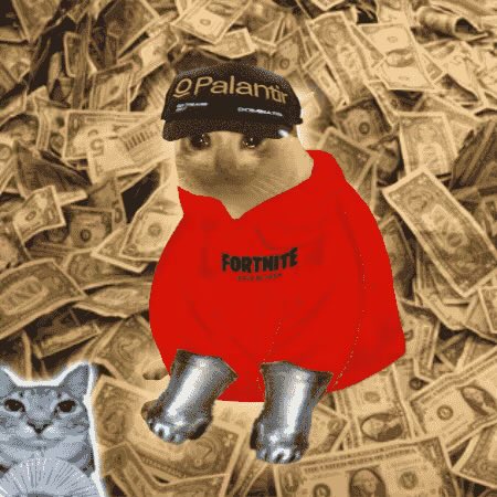 A cat wearing a Palantir cap, a red Fortnite t-shirt, and silver robotic boots, sitting on a pile of cash, with another crying cat fanning itself in the corner.