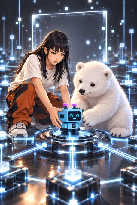 A digital illustration of a young woman with dark hair crouching next to a white bear cub in a futuristic, neon-lit environment, both interacting with a small blue robot on a glowing platform.