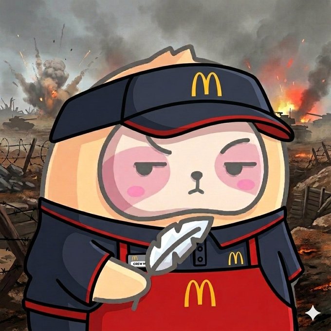 The image features a cartoon character dressed in a red shirt and blue pants, wearing a hat that says "Mcdonald's" on it. The character appears to be holding a McDonald's menu or a sign with the company's logo. In the background, there are explosions and smoke, suggesting an action-packed scene. The caption of the image reads: "Good morning Crypto Twitter Got a second job at McDonald's with 5 $HYPE as a monthly paycheck Joining my first shift today, Wish me luck guys".