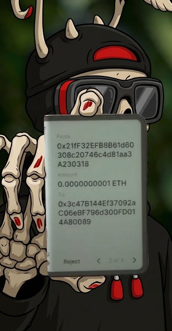 A cartoon skeleton wearing sunglasses and a cap holds up a hardware wallet displaying an Ethereum transaction of 0.0000000001 ETH, with a 'Reject' button visible.