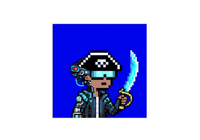 A pixel art character on a blue background depicting a cyborg-like figure wearing a VR headset/visor, a skull cap, and holding a glowing cyan sword.