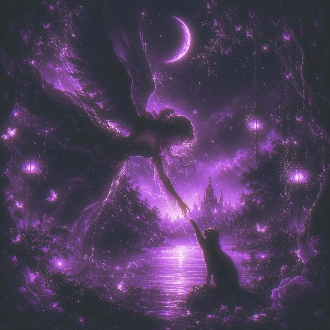 A fantasy illustration bathed in purple hues depicting a winged woman reaching down toward a black cat sitting by a glowing river, with a crescent moon, a distant castle, and butterflies in the background.