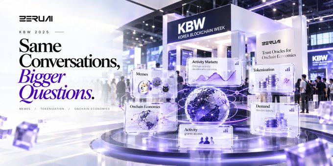 The image is a promotional graphic for Zerui at Korea Blockchain Week 2025, featuring the tagline "Same Conversations, Bigger Questions" alongside floating digital panels highlighting themes of Memes, Tokenization, Activity Markets, Onchain Economies, Demand, and Activity—visually reinforcing the post's emphasis on how these interconnected topics emerged as the central ideas at the event.