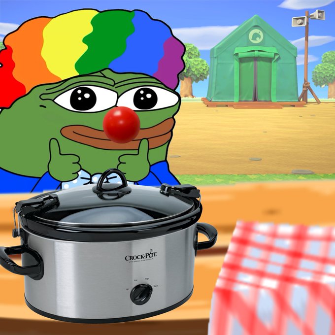 A colorful Pepe the Frog meme character with a clown wig and red nose stands behind a "Crock-Pot" slow cooker on a picnic table, set against a field with a green tent and speakers in the background. The scene humorously ties into the post's "Memes will cook again" message, with the slow cooker symbolizing the return of meme culture cooking up new content, while "$honk if you still honk" references the classic Pepe honk meme tradition.