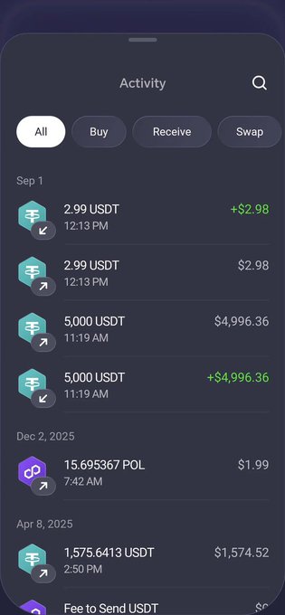 A mobile crypto wallet Activity screen showing USDT transactions including a +$4,996.36 receive and swap entries, plus a 15.695367 POL send.