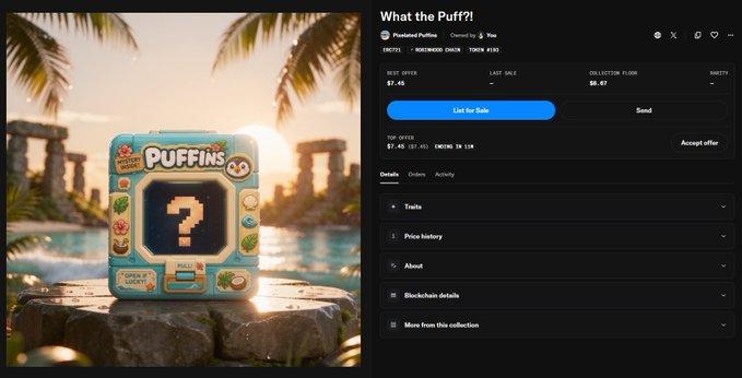 A screenshot of a digital marketplace listing for an NFT called 'What the Puff?!' showing a pixelated box with a question mark and 'PUFFINS' branding, listed for 37.45.