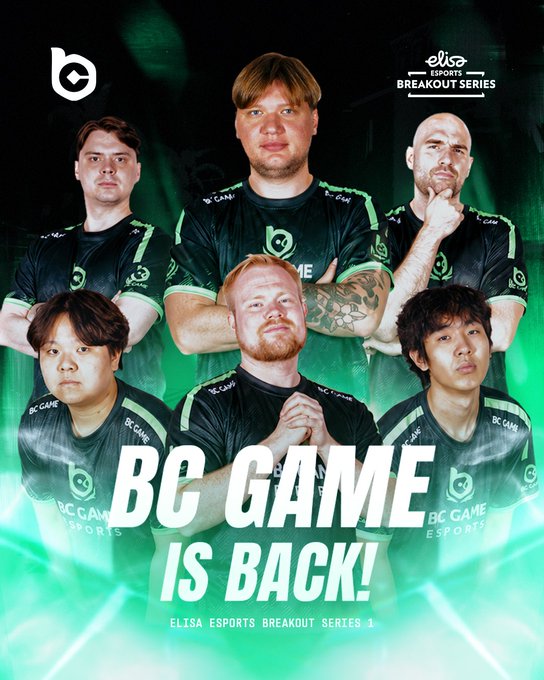 A promotional poster for "BC GAME" esports team featuring six players in black and green jerseys against a glowing green background, with text reading "ELTSA ESPORTS BREAKOUT SERIES 3" and "BC GAME IS BACK!"