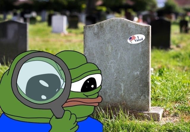 A sad Pepe the Frog holding a magnifying glass examines a gravestone with an "I voted" sticker in a cemetery, suggesting the meme is commenting on the low voter turnout or the death of civic duty. The caption references BeldexCoin's upcoming announcement, possibly implying the project has "risen from the dead" or is making a comeback after a period of silence.