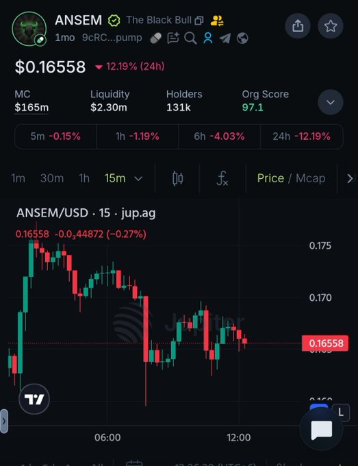 The image shows a cryptocurrency price chart for $ANSEM on DEX screener via jup.ag, displaying a current price of $0.16558 with a -12.19% decline over 24 hours, a market cap of $165m, and 131K holders. The 15-minute candlestick chart illustrates the sharp correction referenced in the post, with red candles dominating as the price dropped from approximately $0.175 toward the $0.165 support level where a potential bounce may occur.