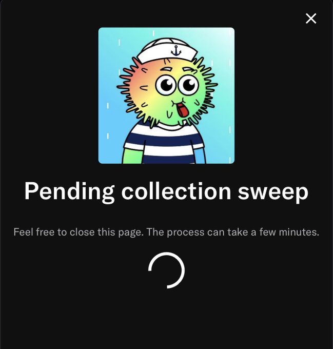 A loading screen displays a cartoon character in a sailor hat with the text "Pending collection sweep" and "Feel free to close this page. The process can take a few minutes," showing a spinning indicator as the collection sweep process is underway.