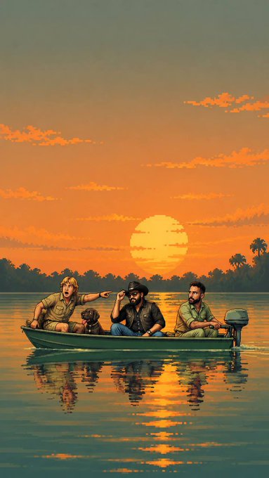 An illustrated scene shows three men, a dog, and one of the men drinking from a cup while sitting in a small motorboat on a calm river at sunset, with a large yellow sun low in the orange sky.
