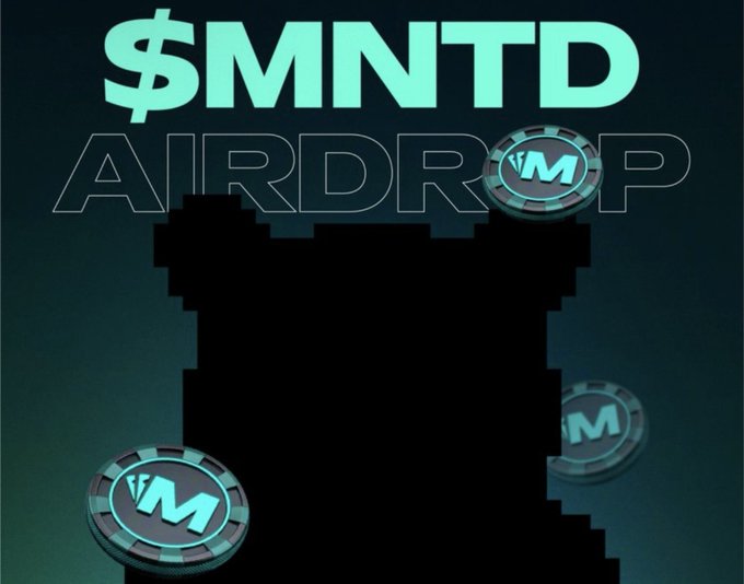 A graphic displaying the text "$MNTD AIRDROP" in teal lettering alongside a pixelated black character and casino chip icons with "VM" logos.